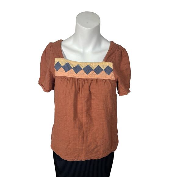 Madewell Top Women's XS Patchwork Square Neck Top Burnt Clay AK024 - Picture 6 of 6